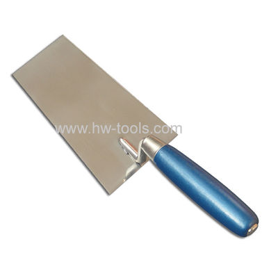 Stainless steel bricklaying trowel with wooden handle